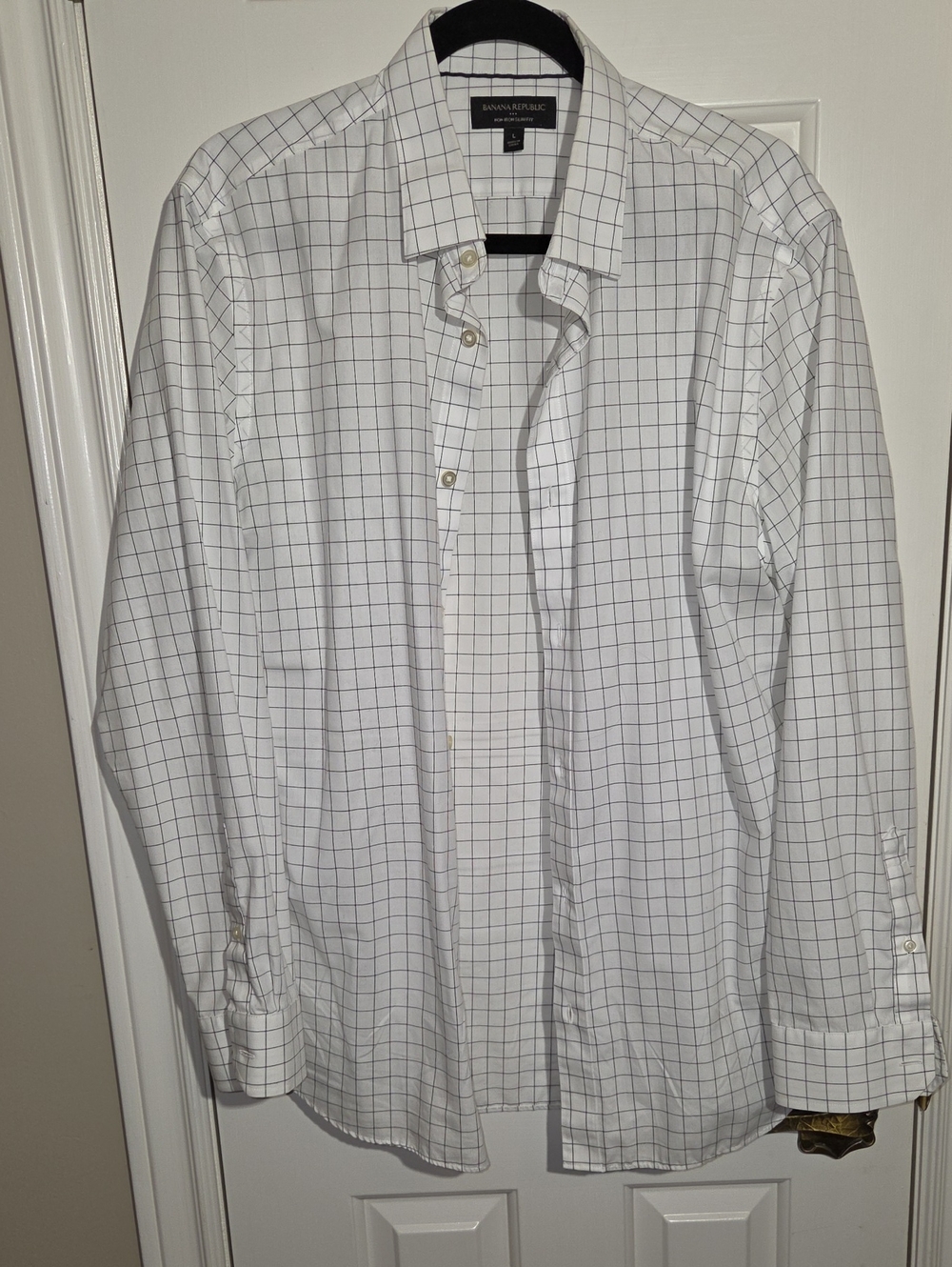 Banana Republic White Shirt with Navy Windowpane Grid